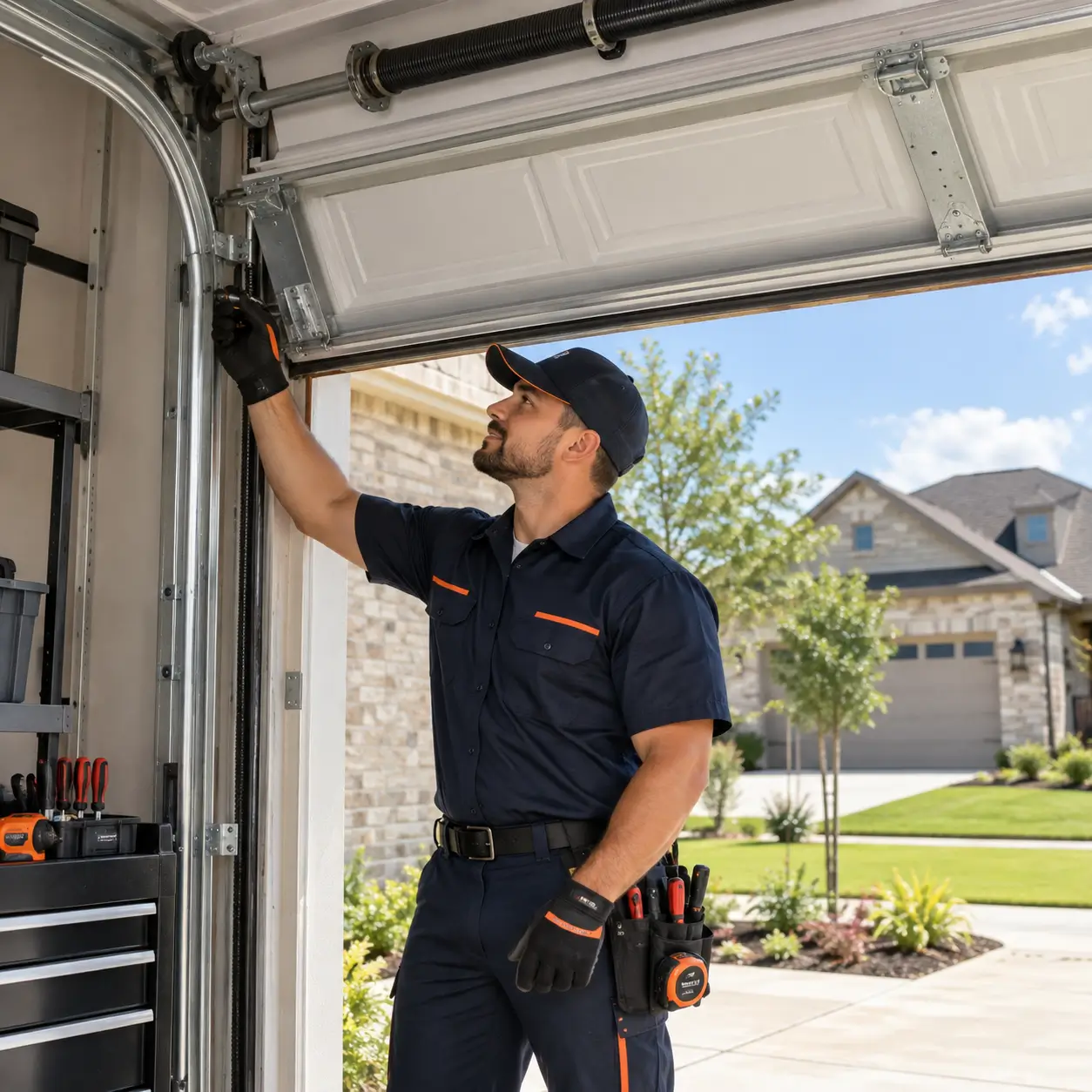 Garage door technician servicing a residential garage door in Rosharon TX