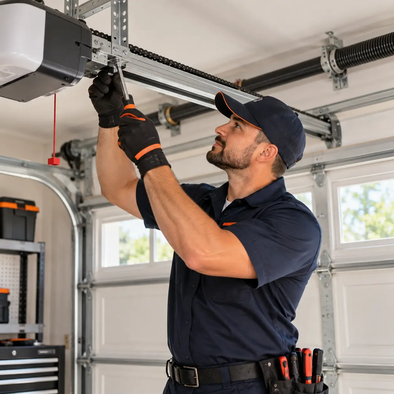 Garage door technician inspecting opener and track hardware in Rosharon TX