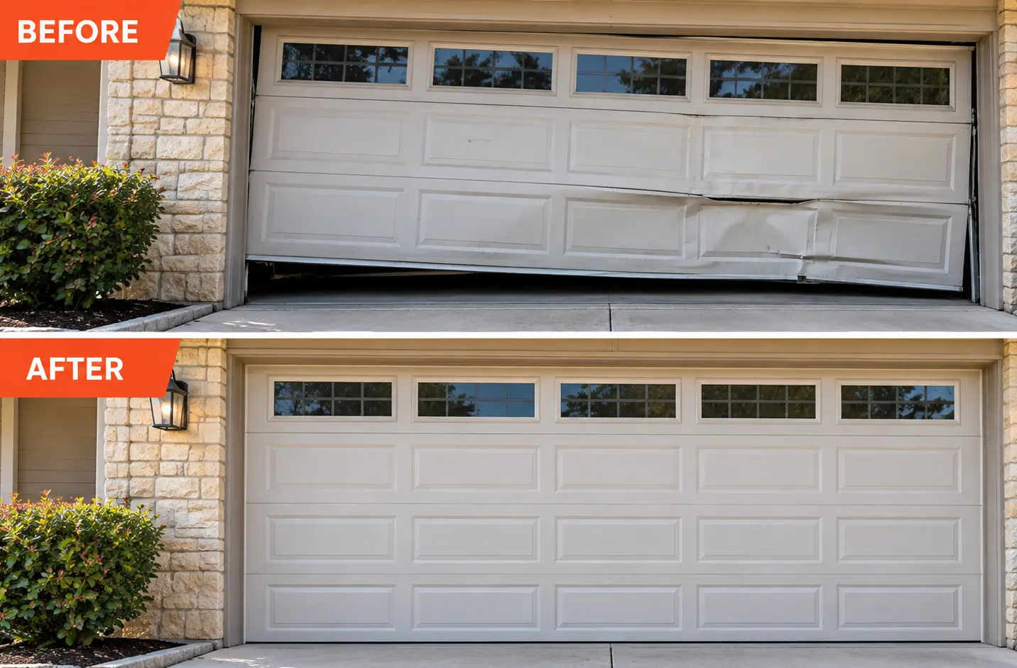 Before and after garage door repair showing a damaged uneven garage door restored to proper alignment