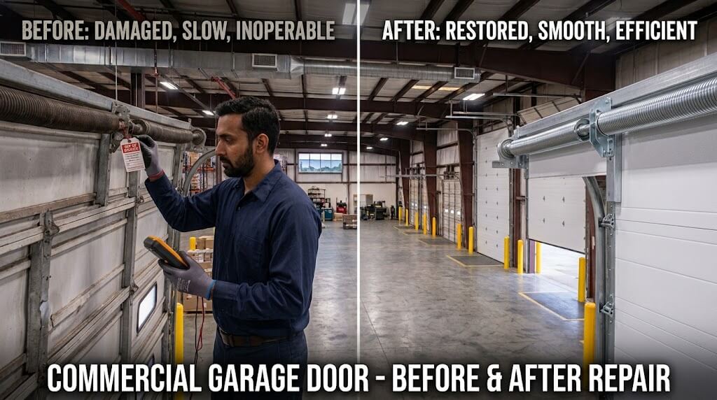Before and after commercial  garage  door repair showing a damaged uneven garage door restored to proper alignment