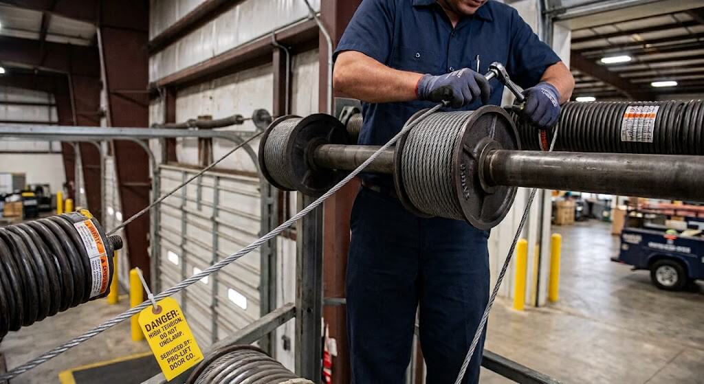 A technician in work clothes repairs a heavy-duty commercial garage door torsion spring and cable system for Garage Door Repair Rosharon TX