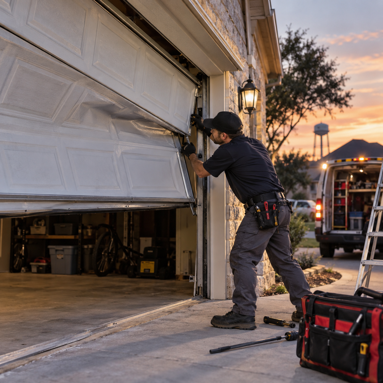 Emergency garage door repair technician responding to a damaged residential door in Rosharon TX