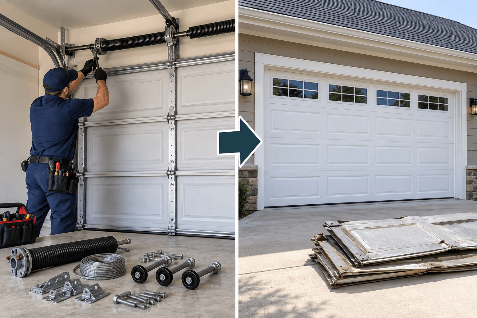 Before and after emergency  garage  door repair showing a damaged uneven garage door restored to proper alignment