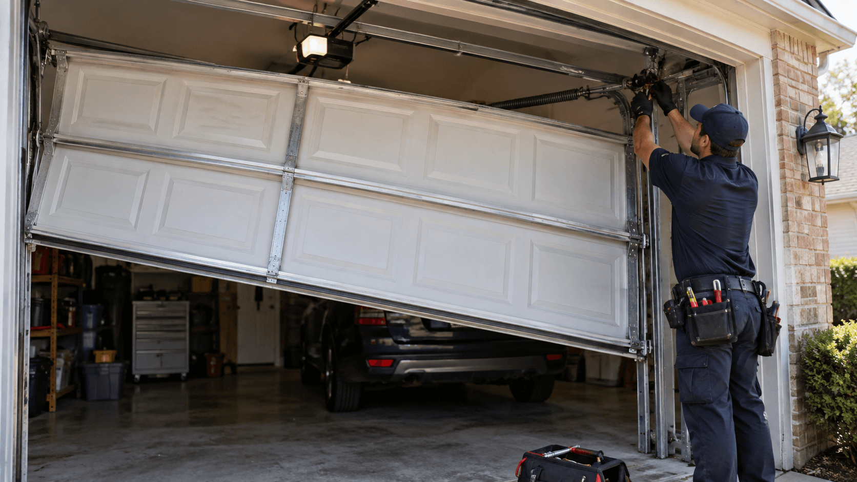 Crooked garage door requiring emergency repair in Rosharon TX