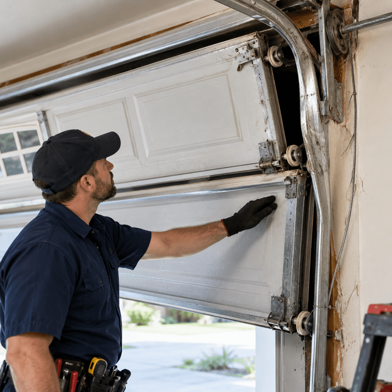 Off-track garage door requiring emergency repair in Rosharon TX