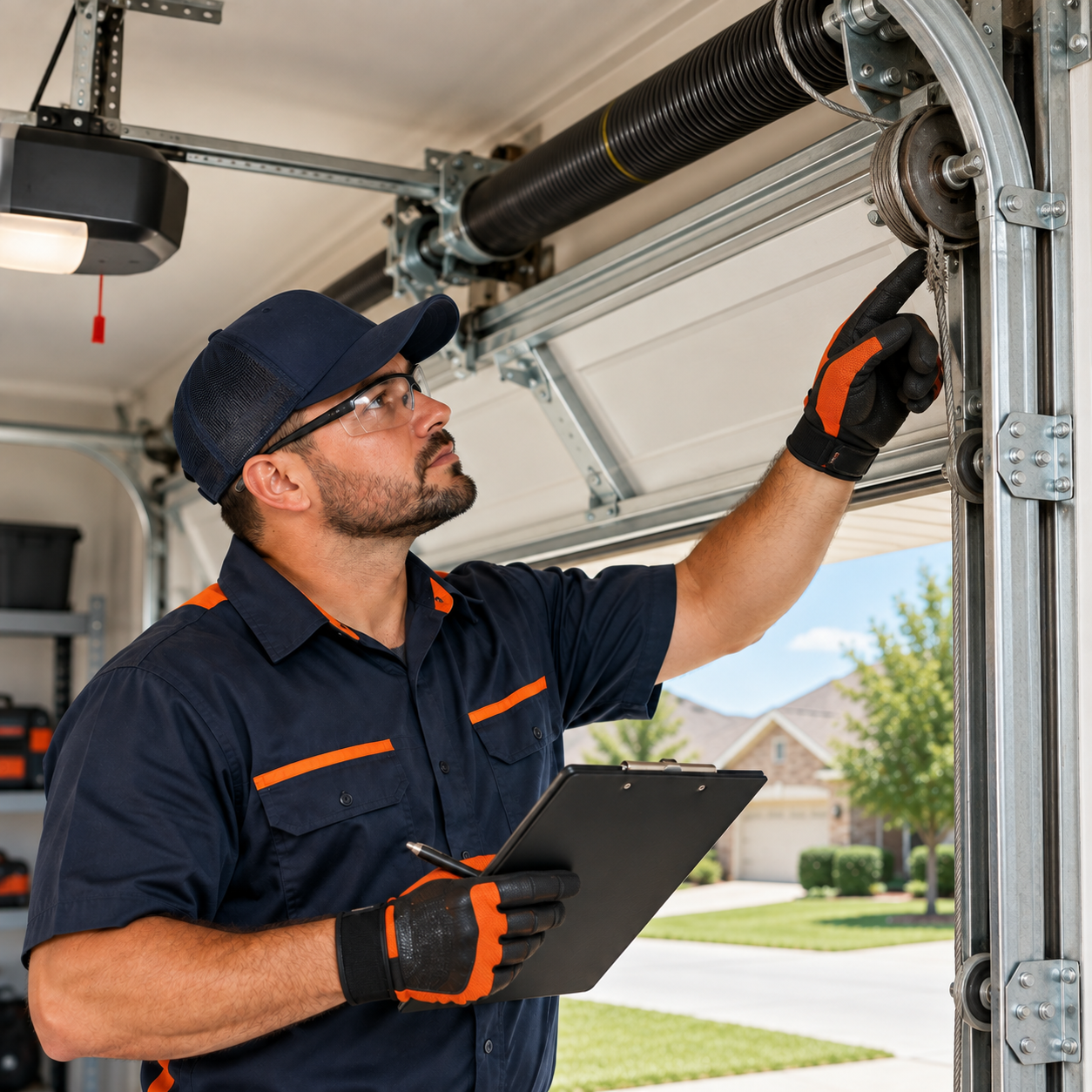 Garage door technician diagnosing spring cable roller and track problems in Rosharon Texas