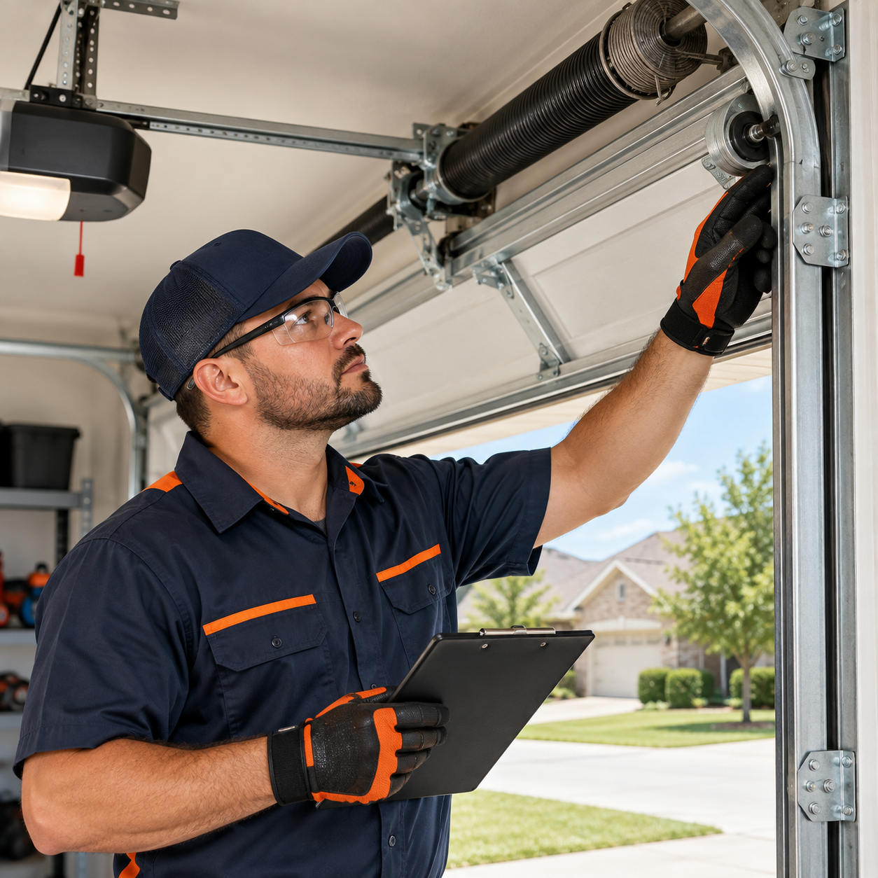 Garage door technician inspecting residential garage door components in Rosharon TX