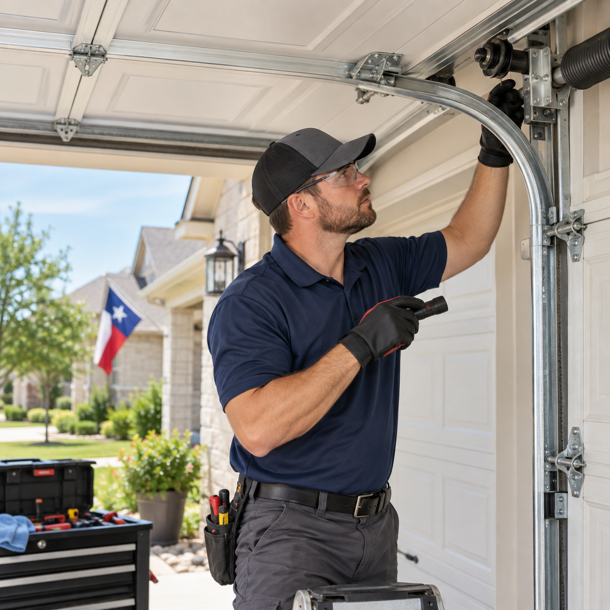 Garage door maintenance inspection of rollers tracks springs and opener hardware in Rosharon TX