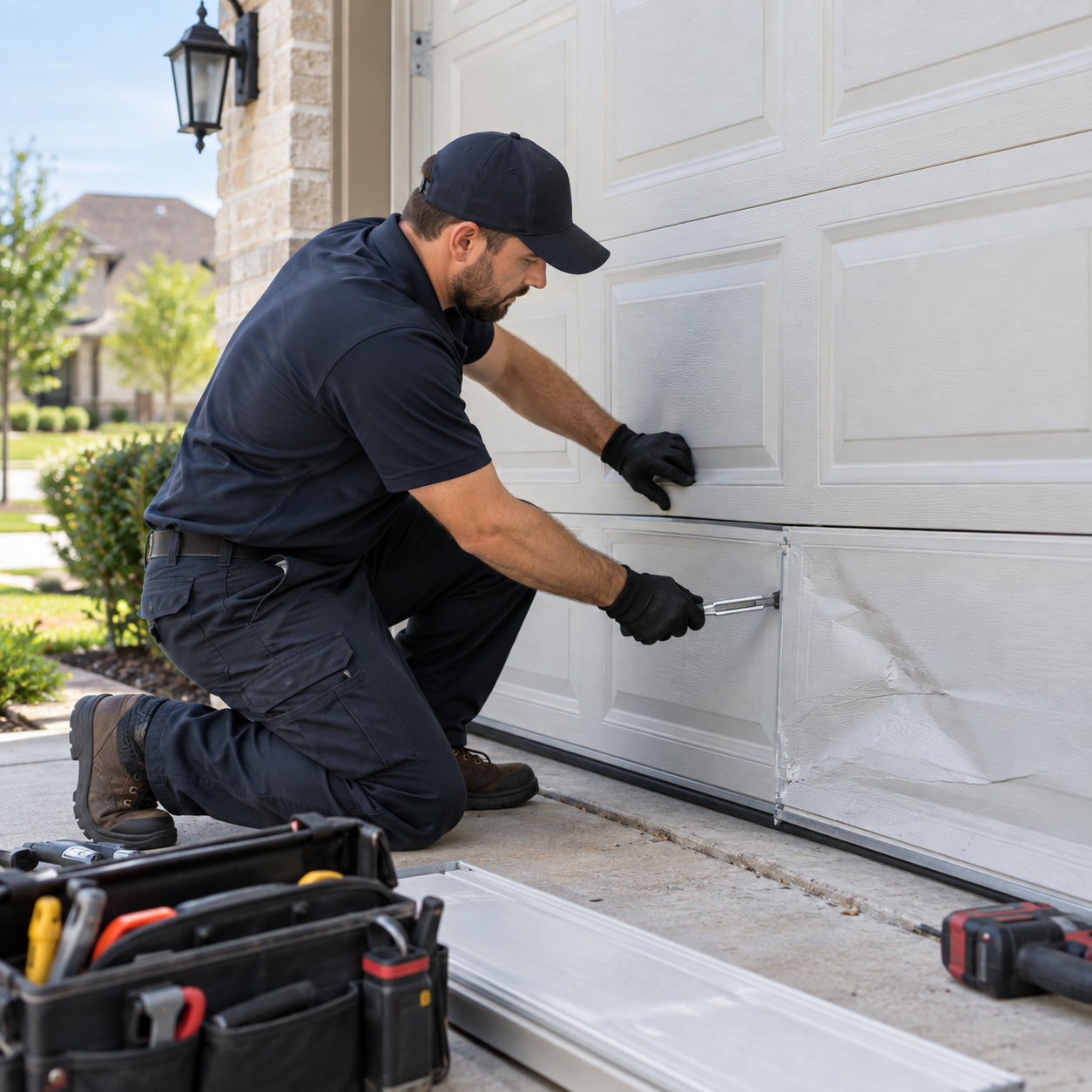 Garage door panel damage inspection and panel repair service in Rosharon TX