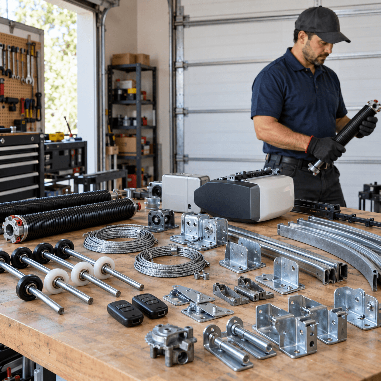 Garage door replacement springs rollers cables tracks hinges and opener parts in Rosharon TX