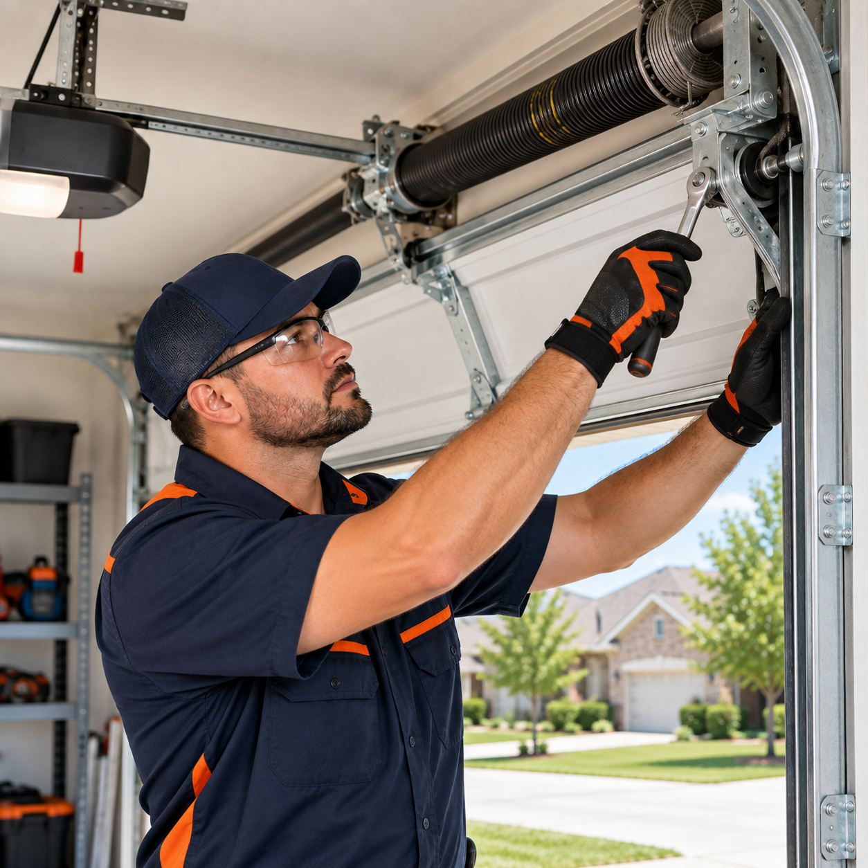 Professional garage door technician completing repair service in Rosharon TX