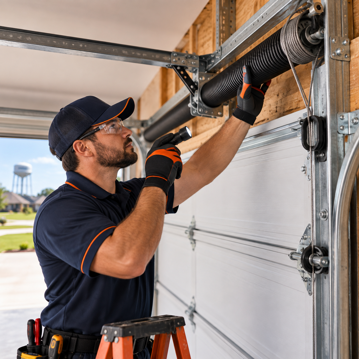 Garage door technician inspecting springs cables rollers and tracks in Rosharon Texas