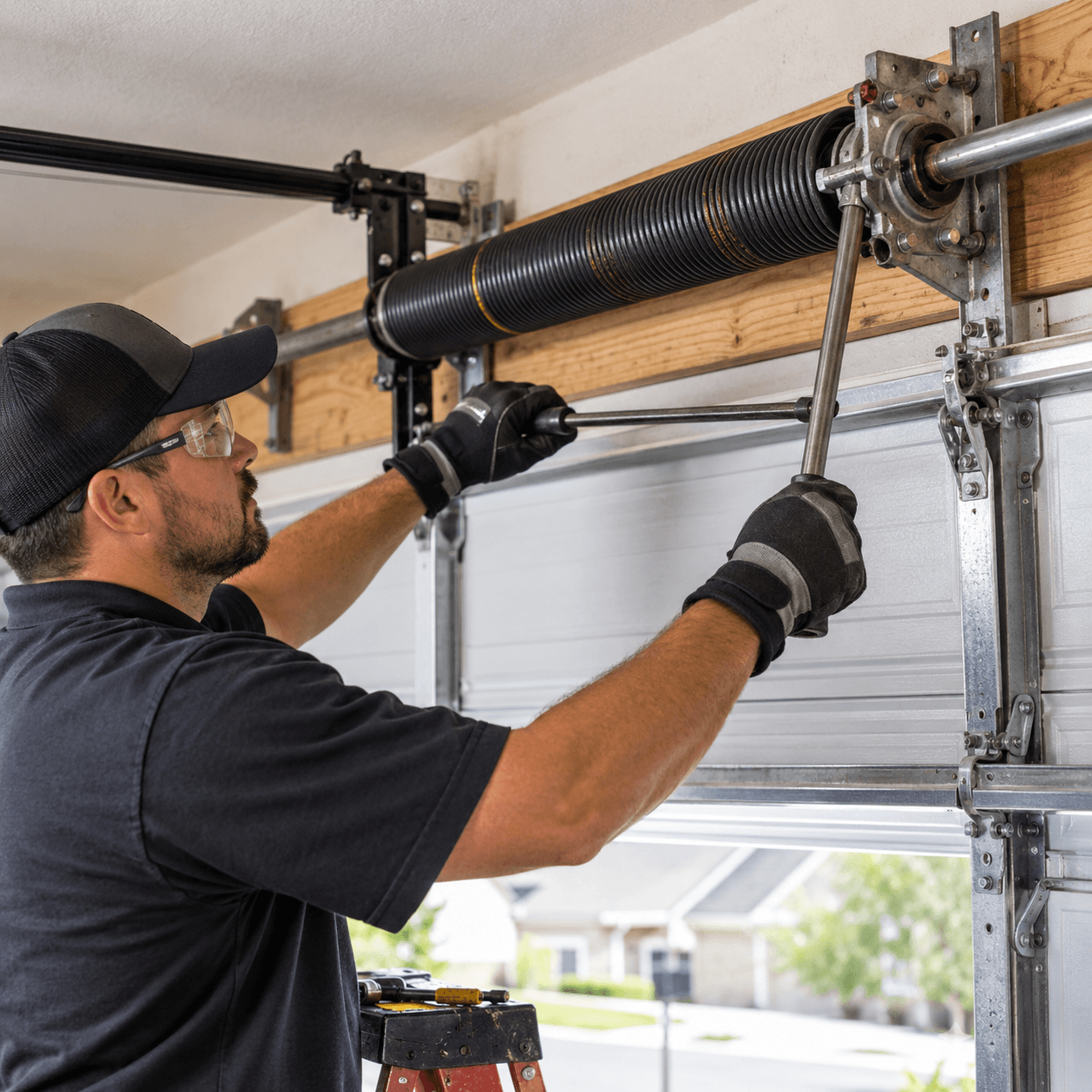 Garage door technician repairing torsion spring system at a Rosharon Texas property