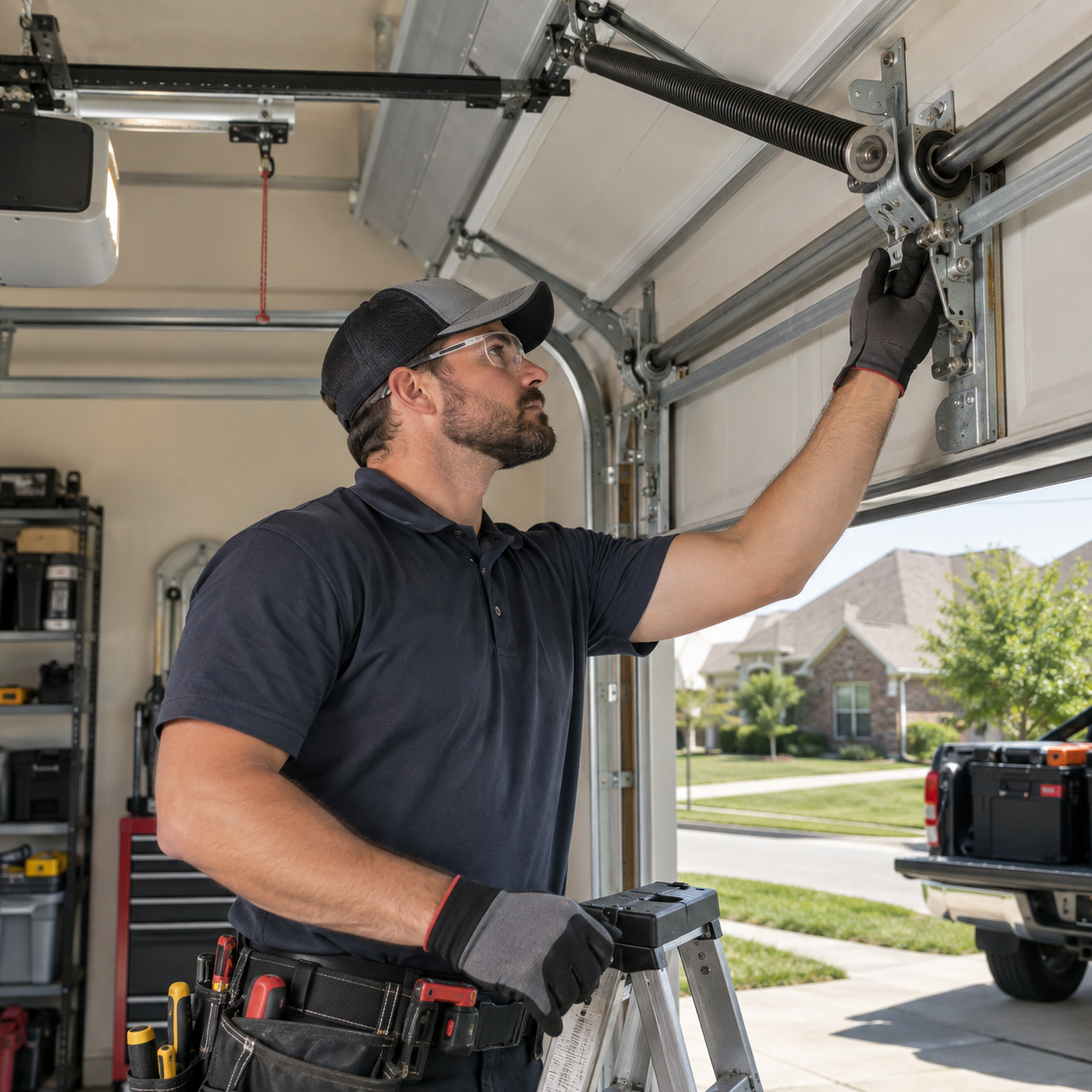Professional garage door technician inspecting residential garage door components in Rosharon Texas