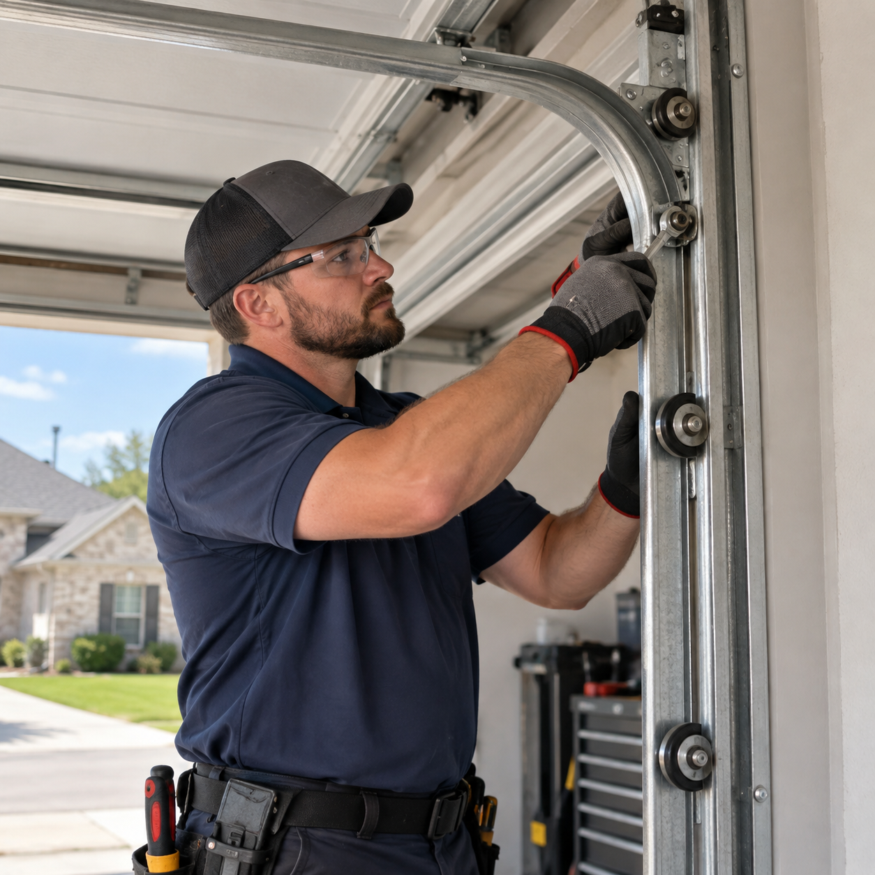 Garage door track alignment and repair service for bent or damaged tracks in Rosharon TX