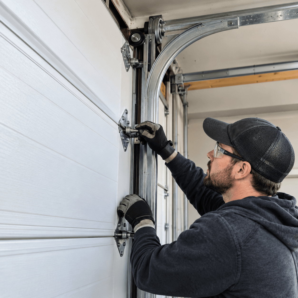 Garage door panels hinges and rollers during installation in Rosharon TX