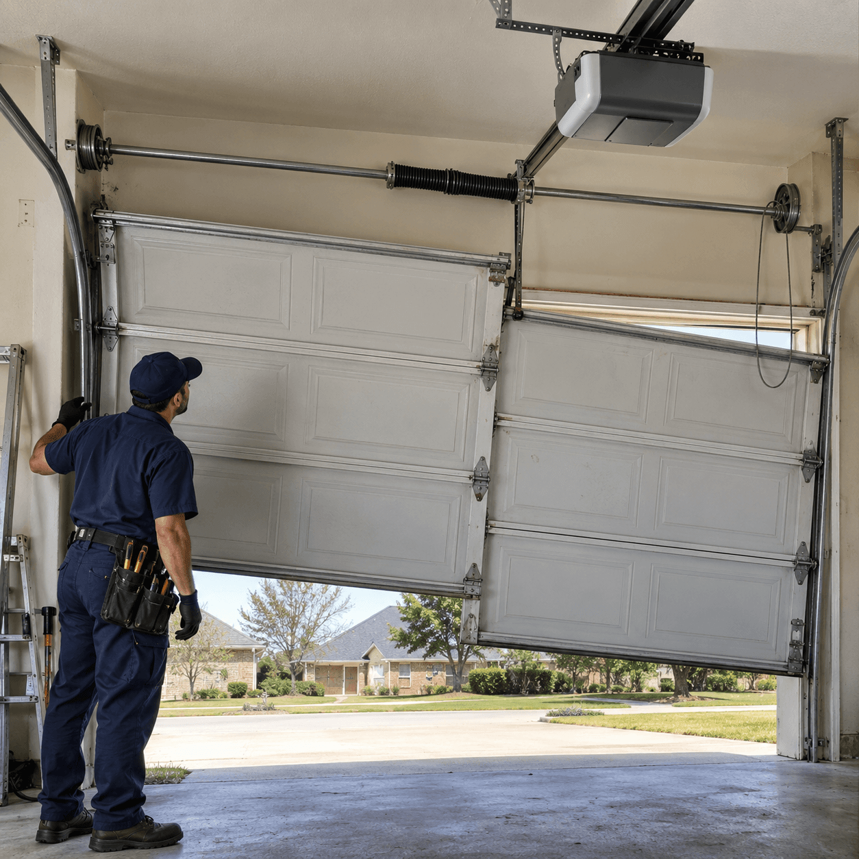 Garage door spring and cable setup during installation in Rosharon TX