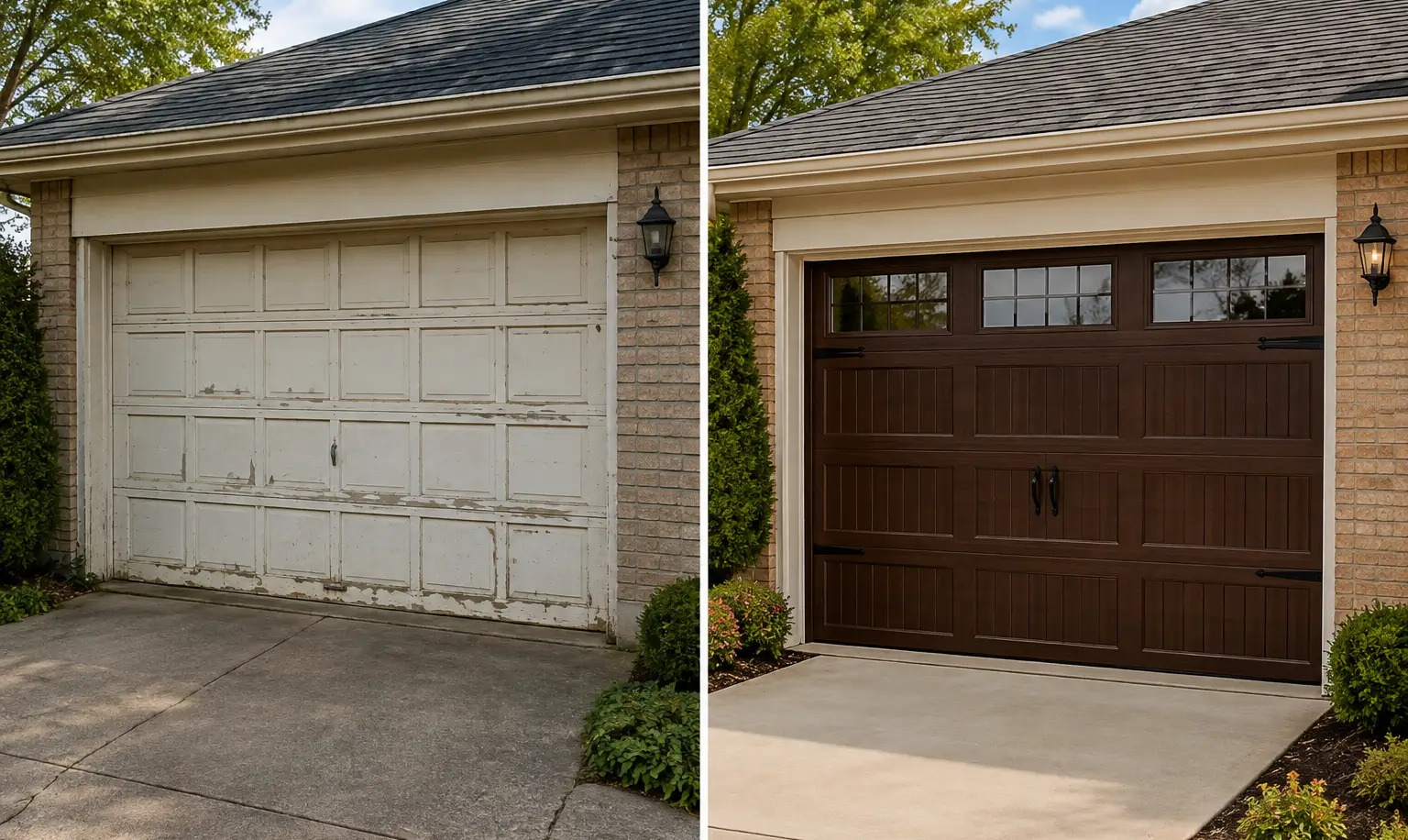 Before and after  maintenance garage  door repair showing a damaged uneven garage door restored to proper alignment