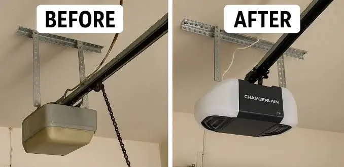 Before and after   garage  door repair showing a damaged uneven garage door restored to proper alignment