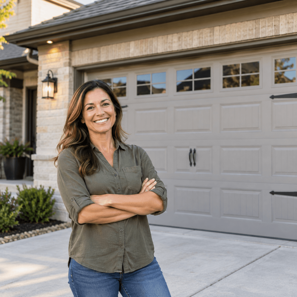 Happy residential garage door customer standing outside a home in Rosharon TX