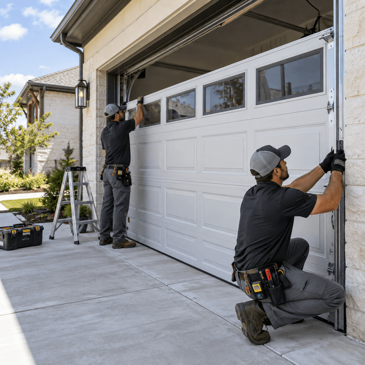 Residential garage door repair technician servicing home garage door hardware in Rosharon TX