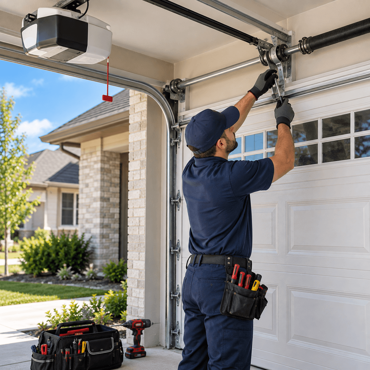 Garage door technician in a navy uniform repairing residential garage door hardware in Rosharon TX