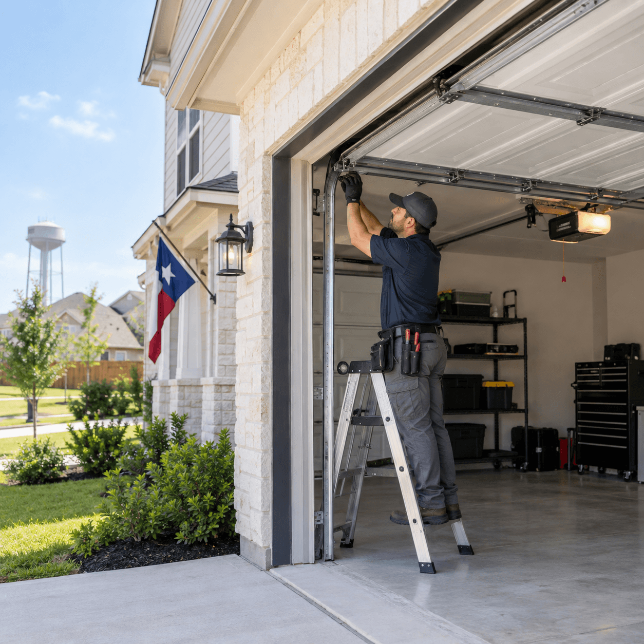 Residential garage door repair technician servicing a home garage door in Rosharon TX