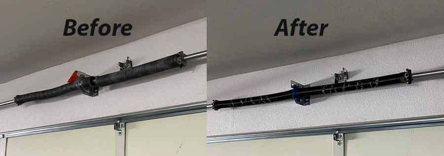 Before and after installtion   garage  door repair showing a damaged uneven garage door restored to proper alignment